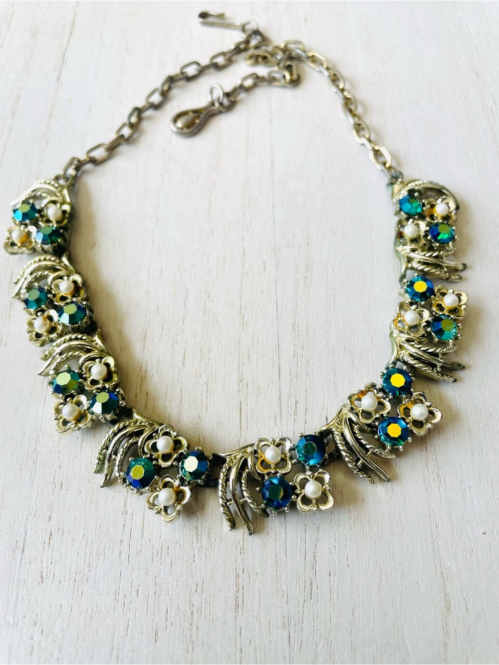 Vintage Coro Gold Floral Crystal Necklace in Teal Green & Faux Pearl 1950’s